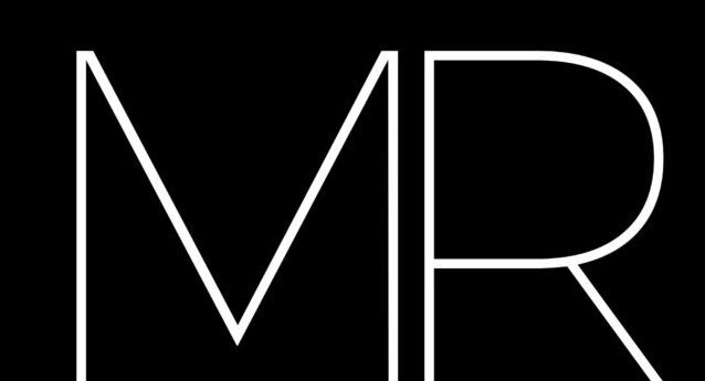 White outlined letters 'MR' on black background