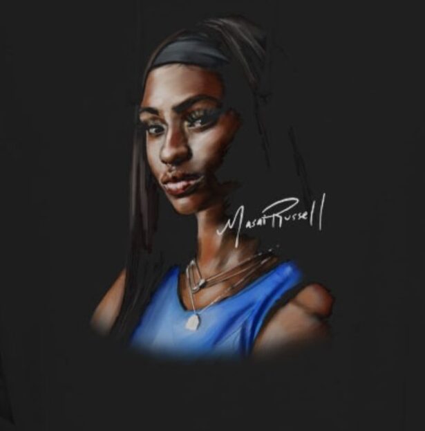Stylized portrait of woman wearing blue top